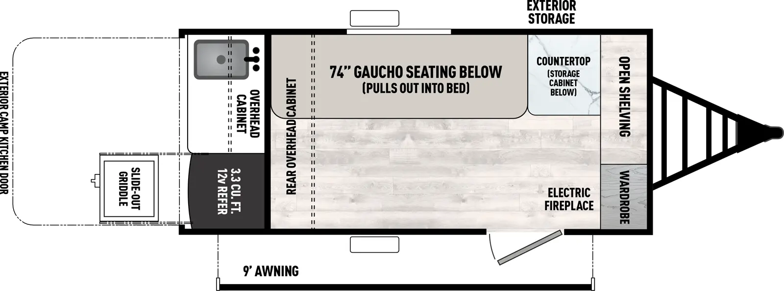 The Clipper 9000 Series & 12000 Series 9000ROK floorplan has one entry and zero slide outs. Exterior features include: metal exterior, 9' awning and outside kitchen. 